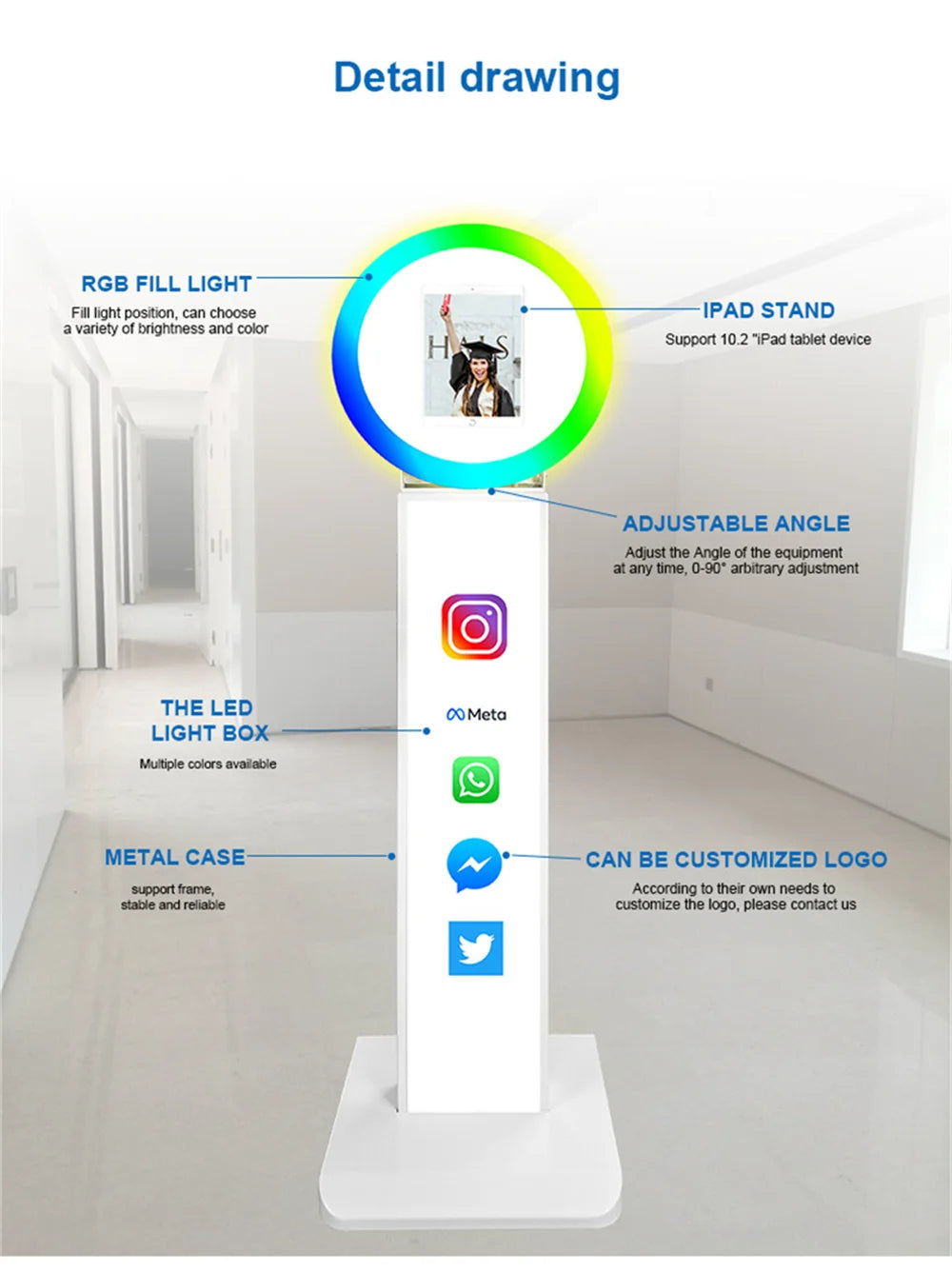 Carcasa de máquina de Selfie para fotomatón de iPad, soporte ajustable, logoti