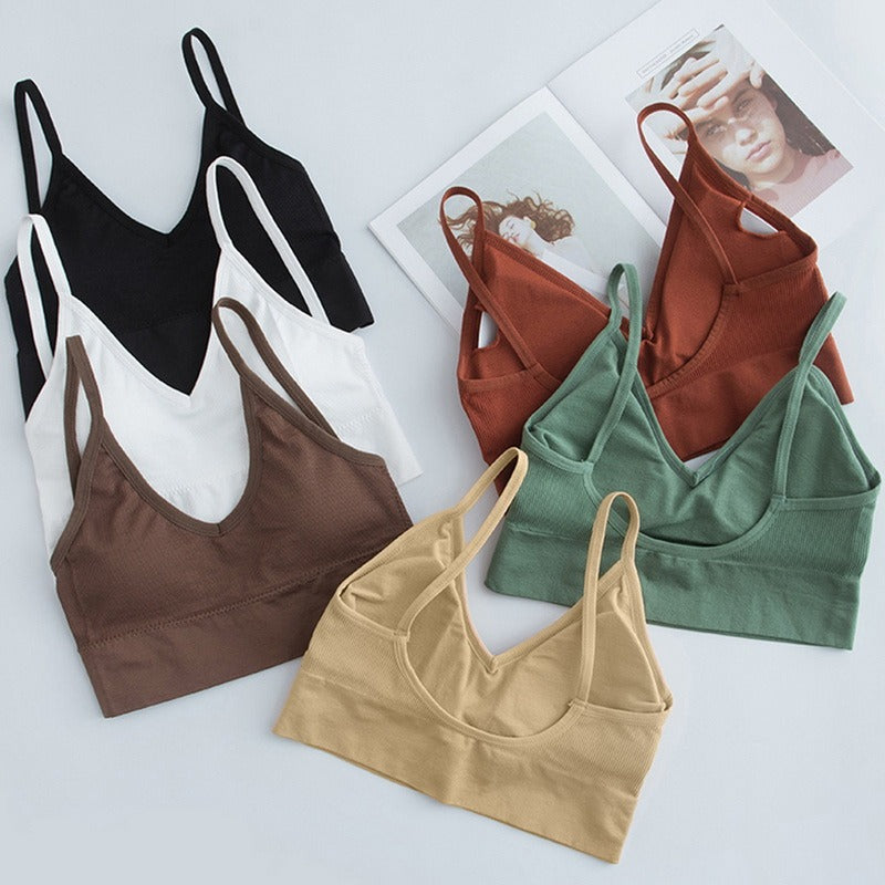 Sujetador Bandeau Sexy Crop Top delgado con tirantes finos sin costuras, Top de