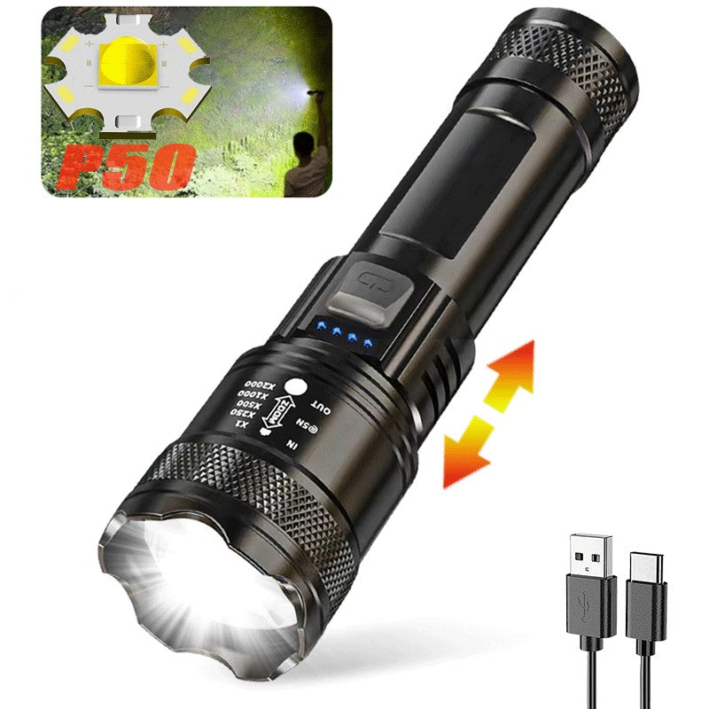 Linterna LED potente con pantalla de batería, luz recargable por USB, Zoom telescópico, lámpara de antorcha para acampar al aire libre, linterna de pesca, 9900LM