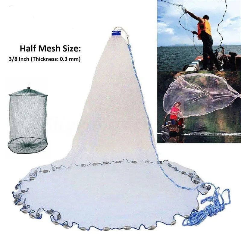 Redes de pesca fundidas con plomo, radio de 2,4 m, trampa de pesca para lanzar a mano, red de pescado de malla pequeña americana pesada con olla para camarones