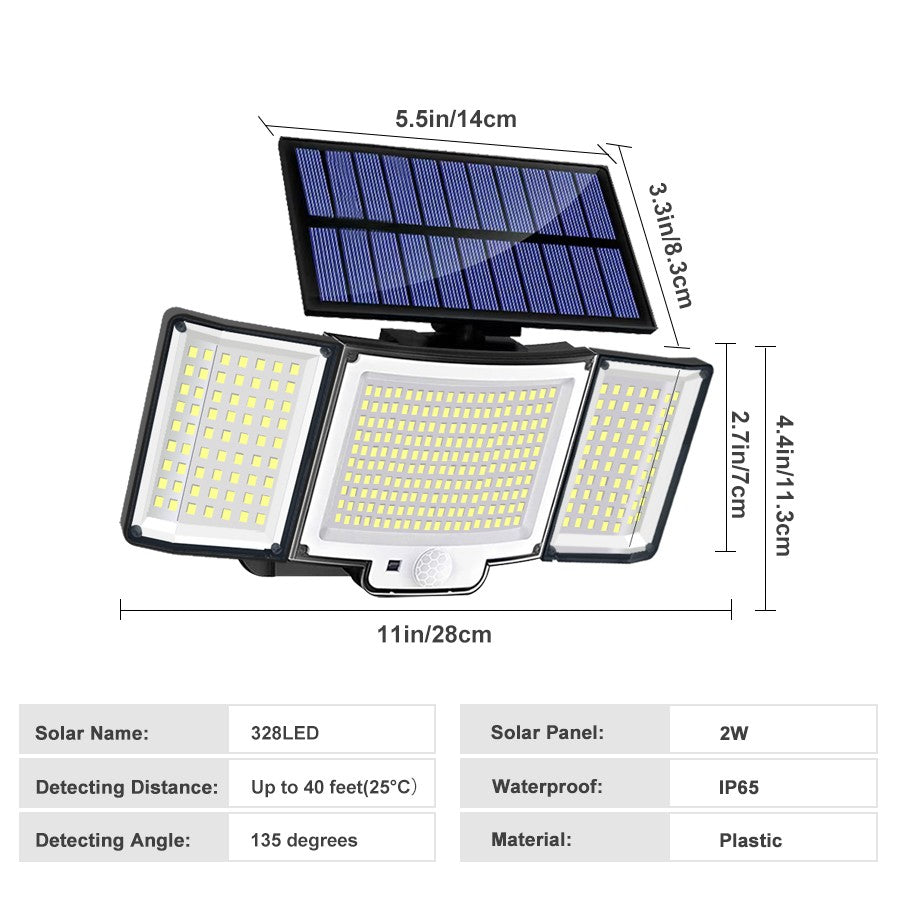 Luz Solar para exteriores, 328/348 LED, Sensor de movimiento superbrillante integrado, gran potencia, IP65, resistente al agua, 3 modos de trabajo, pared de jardín
