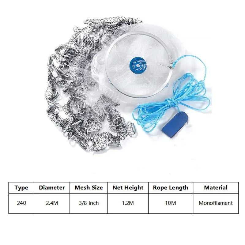 Redes de pesca fundidas con plomo, radio de 2,4 m, trampa de pesca para lanzar a mano, red de pescado de malla pequeña americana pesada con olla para camarones