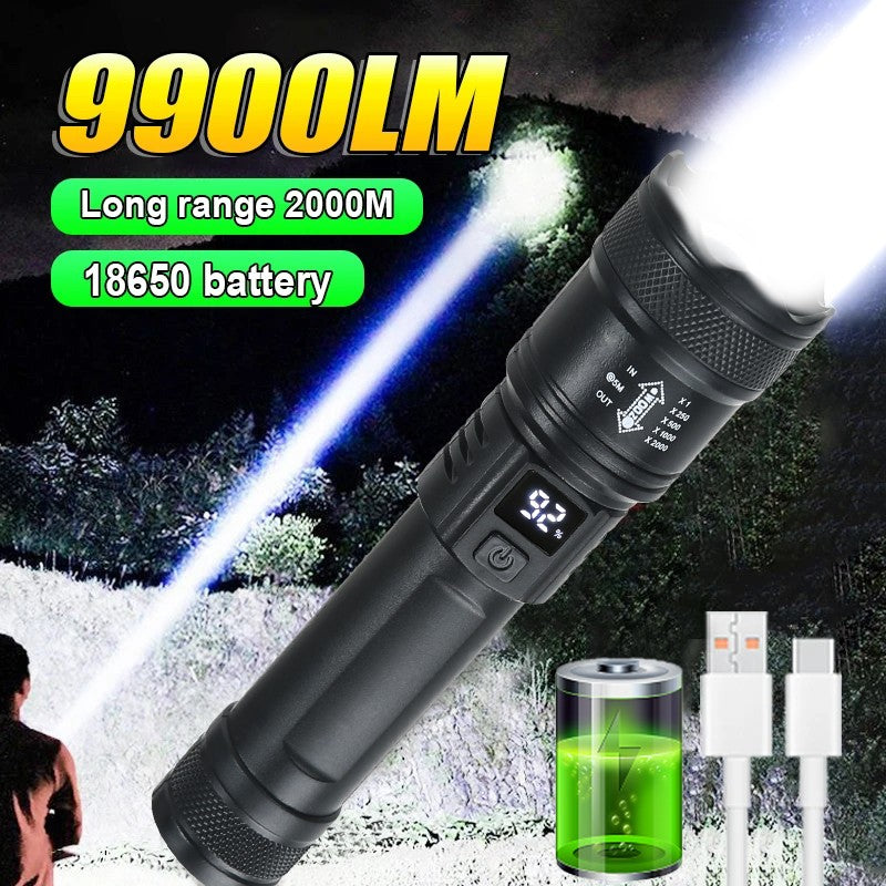 Linterna LED potente con pantalla de batería, luz recargable por USB, Zoom telescópico, lámpara de antorcha para acampar al aire libre, linterna de pesca, 9900LM