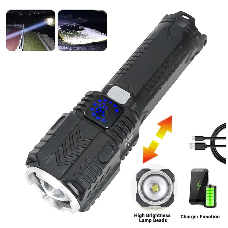 Linterna LED potente con pantalla de batería, luz recargable por USB, Zoom telescópico, lámpara de antorcha para acampar al aire libre, linterna de pesca, 9900LM