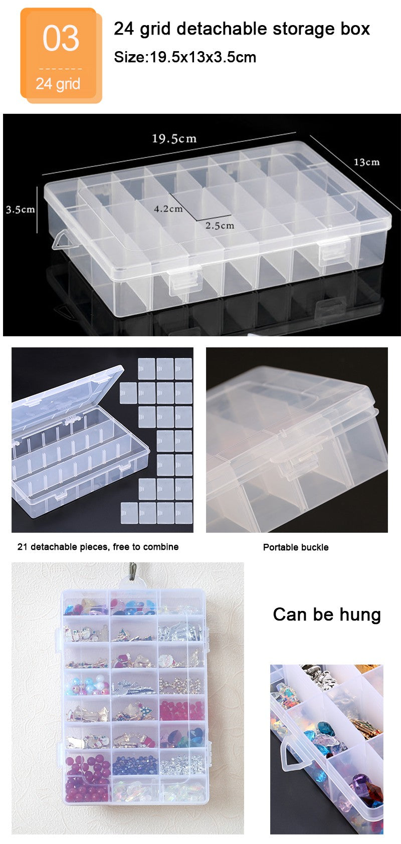 Caja de joyería de plástico, organizador con ranura de 10/15/24 compartimentos, contenedor de cuentas de almacenamiento, caja de almacenamiento de joyería ajustable, caja rectangular