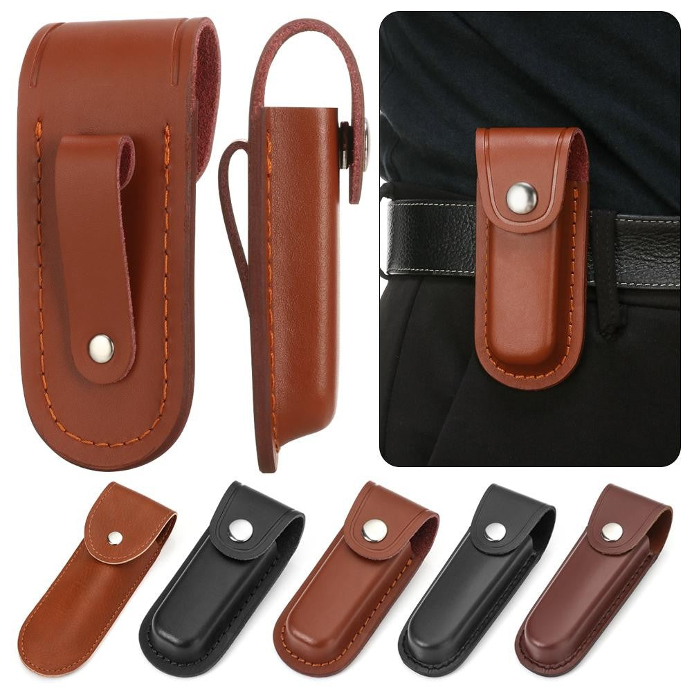 Funda para cuchillo plegable marrón, herramienta para linterna, cinturón, estuche protector, Funda de cuero, bolsillo, caza, campamento, equipo de transporte al aire libre