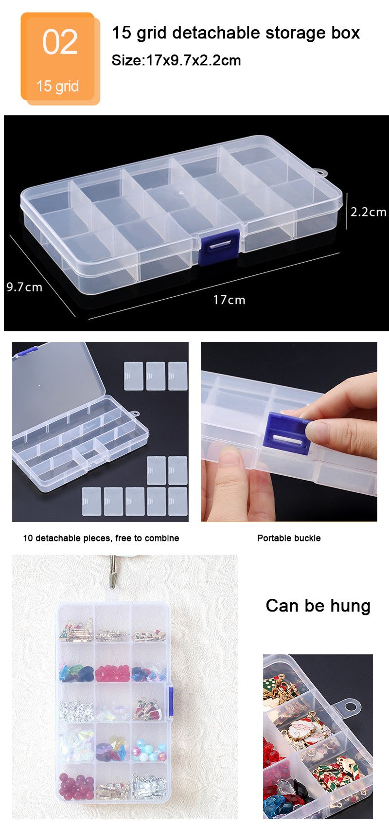 Caja de joyería de plástico, organizador con ranura de 10/15/24 compartimentos, contenedor de cuentas de almacenamiento, caja de almacenamiento de joyería ajustable, caja rectangular