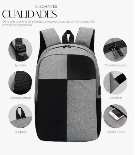 Mochila  Para Laptop Carga Usb Color Gris