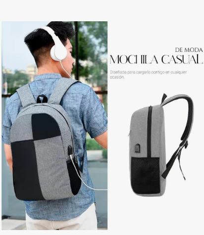 Mochila  Para Laptop Carga Usb Color Gris