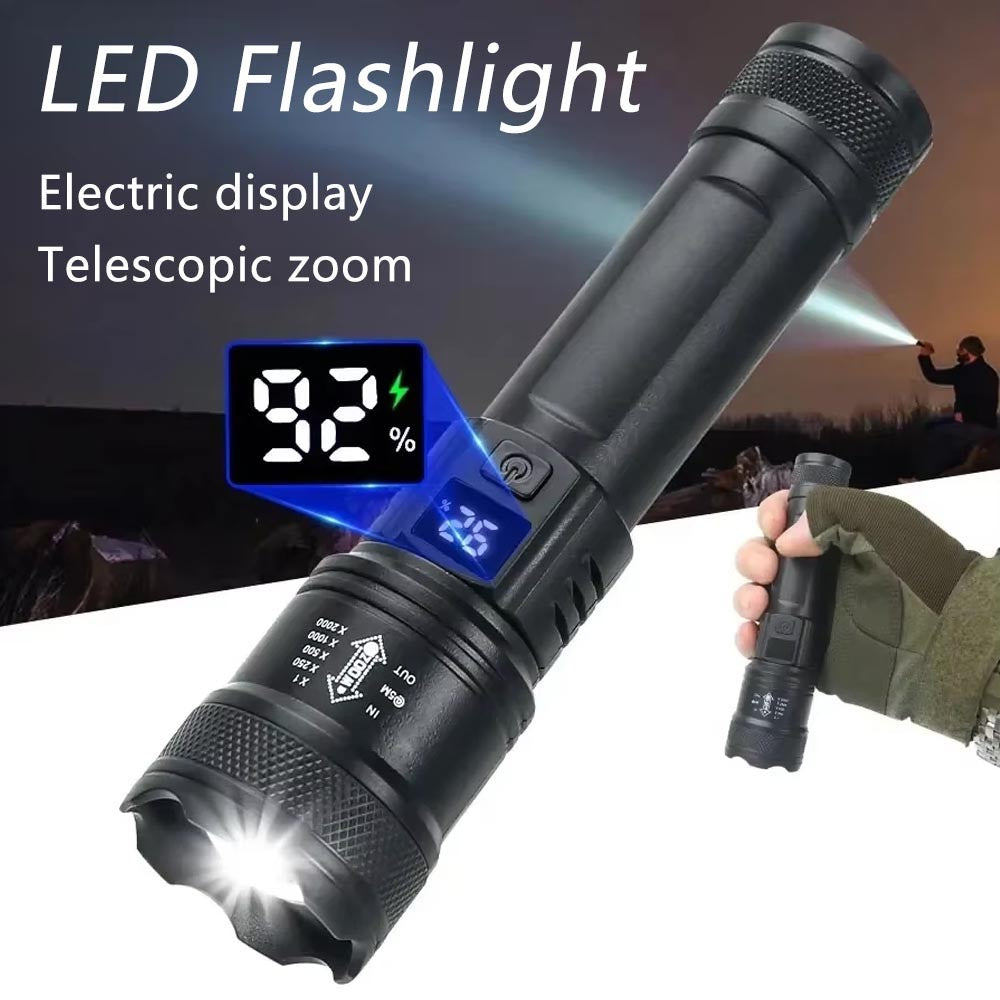 Linterna LED potente con pantalla de batería, luz recargable por USB, Zoom telescópico, lámpara de antorcha para acampar al aire libre, linterna de pesca, 9900LM