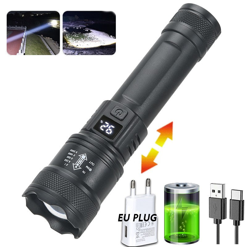 Linterna LED potente con pantalla de batería, luz recargable por USB, Zoom telescópico, lámpara de antorcha para acampar al aire libre, linterna de pesca, 9900LM