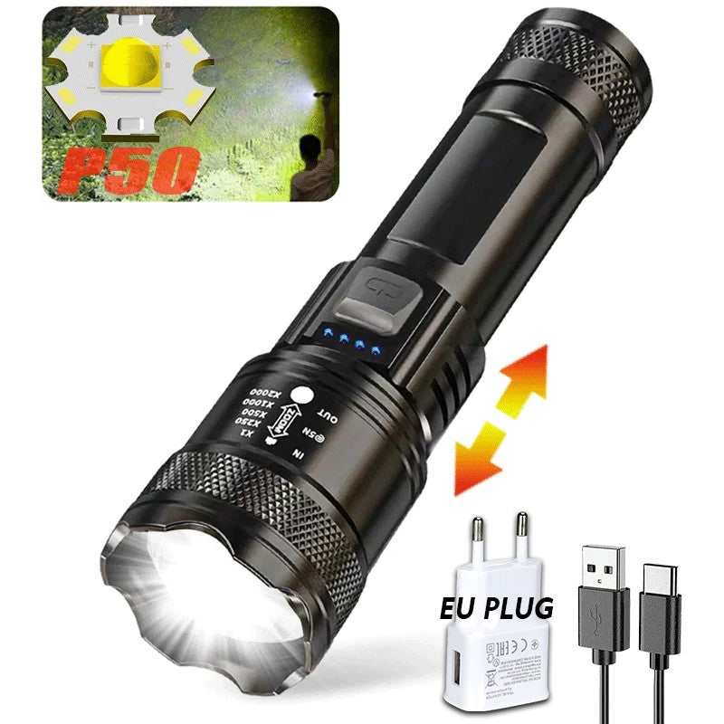 Linterna LED potente con pantalla de batería, luz recargable por USB, Zoom telescópico, lámpara de antorcha para acampar al aire libre, linterna de pesca, 9900LM