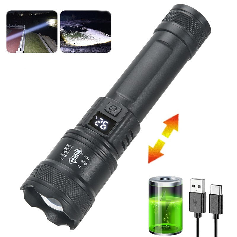 Linterna LED potente con pantalla de batería, luz recargable por USB, Zoom telescópico, lámpara de antorcha para acampar al aire libre, linterna de pesca, 9900LM