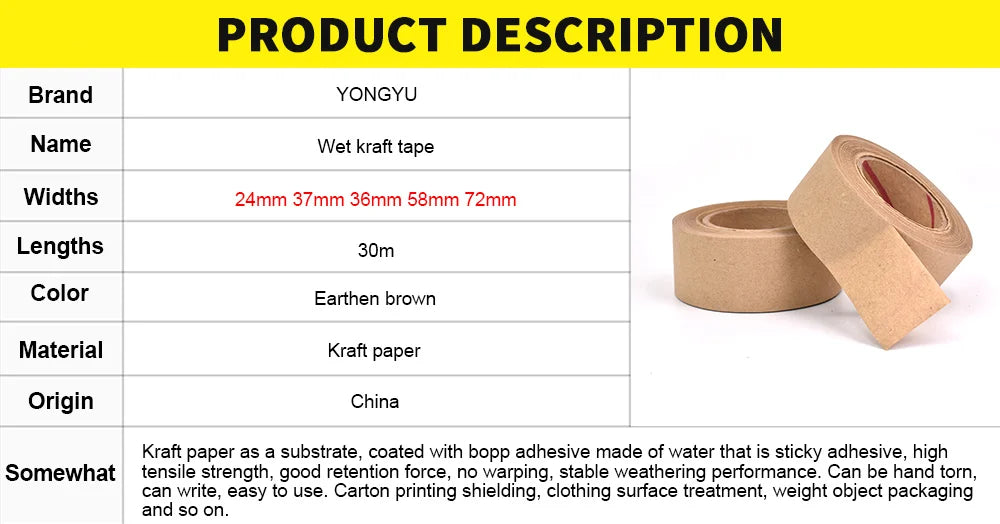 Water Activated Reinforced Packing Tape Kraft Paper Tap for Writable 