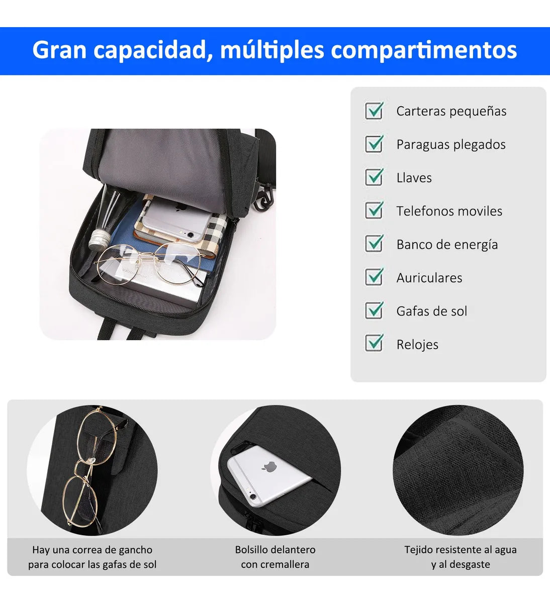 Mochila Bandolera Cruzada Pechera Cruzada De Hombro Bolsa Con Puerto De Carga Usb Color Negro Diseño De La Tela Liso