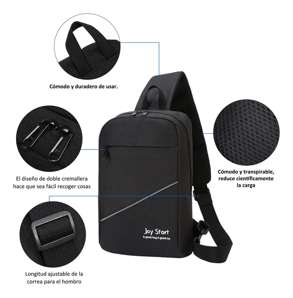 Mochila Bandolera Cruzada Pechera Cruzada De Hombro Bolsa Con Puerto De Carga Usb Color Negro Diseño De La Tela Liso