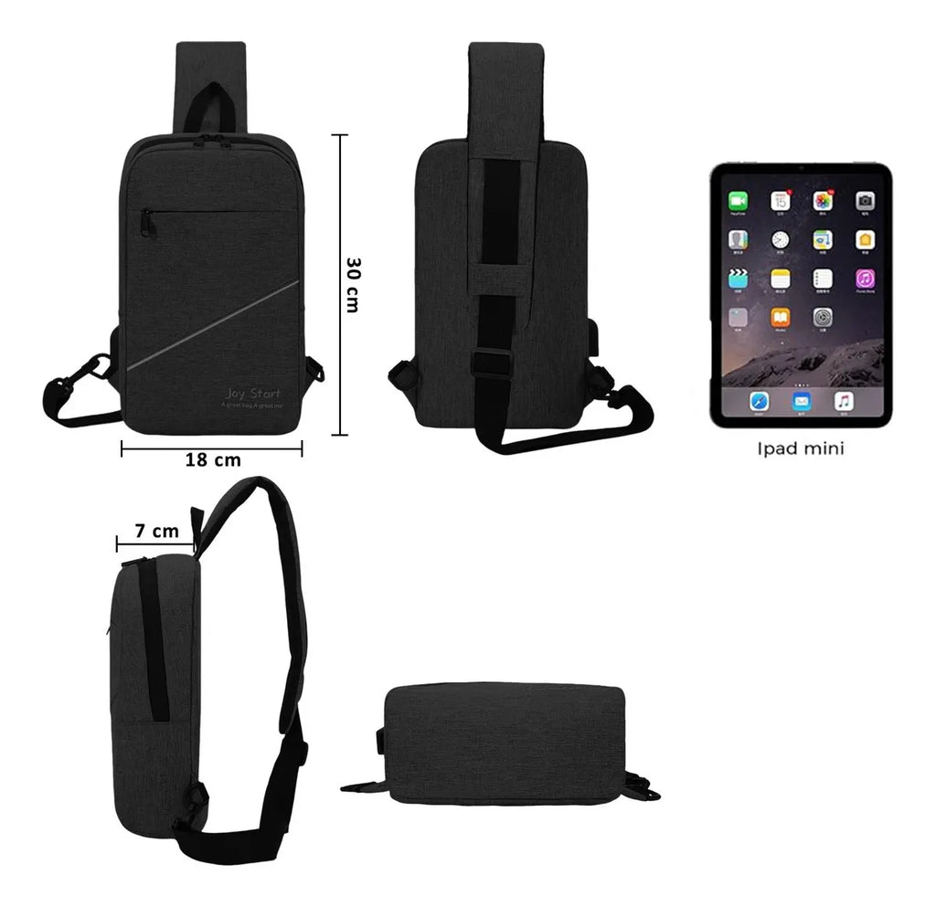 Mochila Bandolera Cruzada Pechera Cruzada De Hombro Bolsa Con Puerto De Carga Usb Color Negro Diseño De La Tela Liso