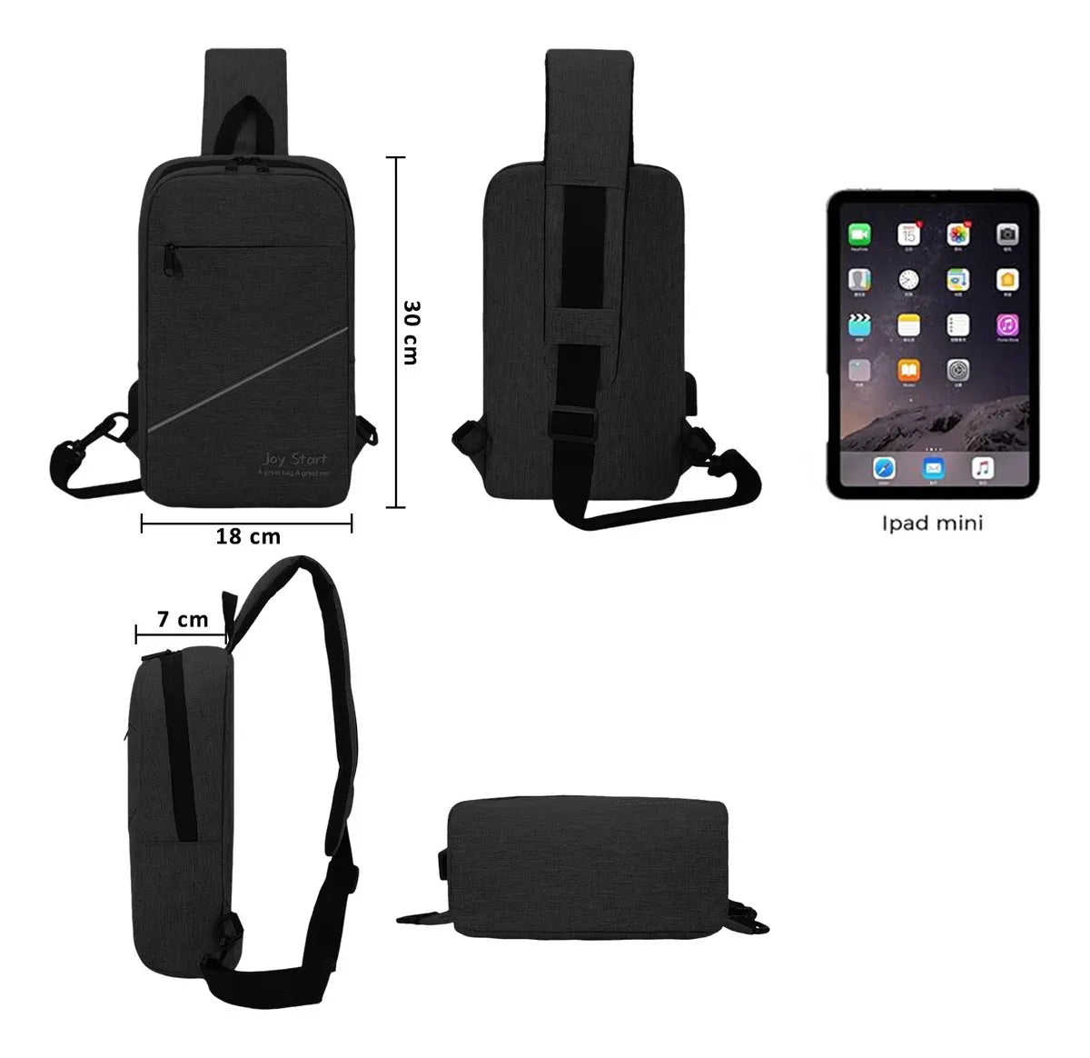 Mochila Bandolera Cruzada Pechera Cruzada De Hombro Bolsa Con Puerto De Carga Usb Color Negro Diseño De La Tela Liso