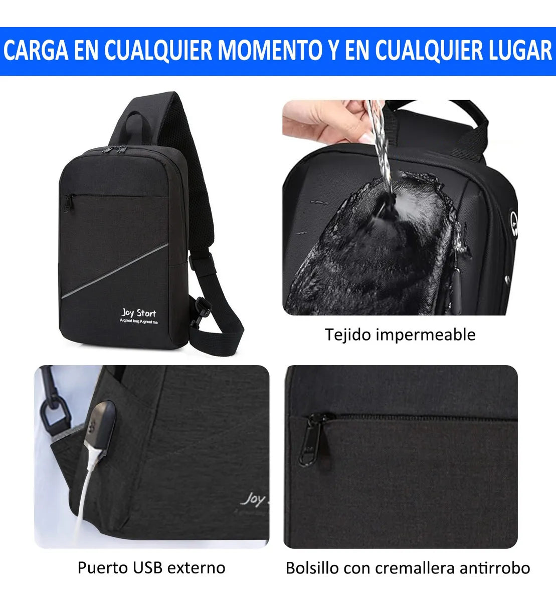 Mochila Bandolera Cruzada Pechera Cruzada De Hombro Bolsa Con Puerto De Carga Usb Color Negro Diseño De La Tela Liso