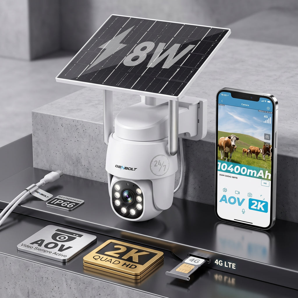 GENBOLT Cámara de Seguridad Solar 2K 3G/4G LTE con SIM | Sin WiFi, Grabación 24/7, IA, Visión Nocturna a Color, Batería 10400 mAh