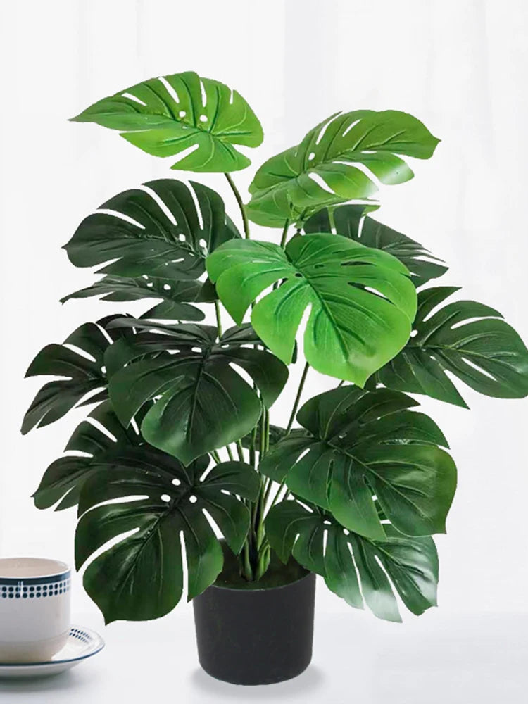 Plantas artificiales de plástico con hojas largas de palma verde, decoración t