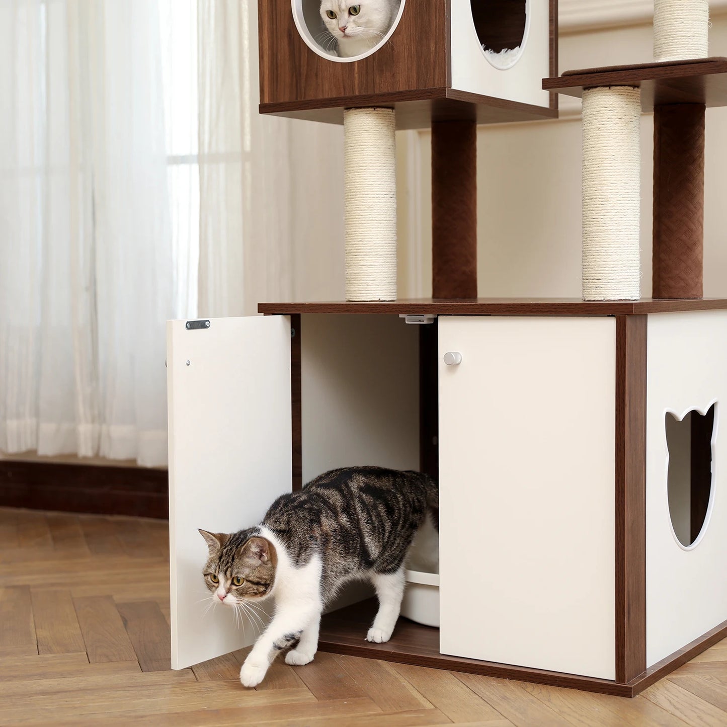 Deluxe Cat Tree Tower with Cabinet, Wooden Adjustable Height, Verti from Floor to Ceiling