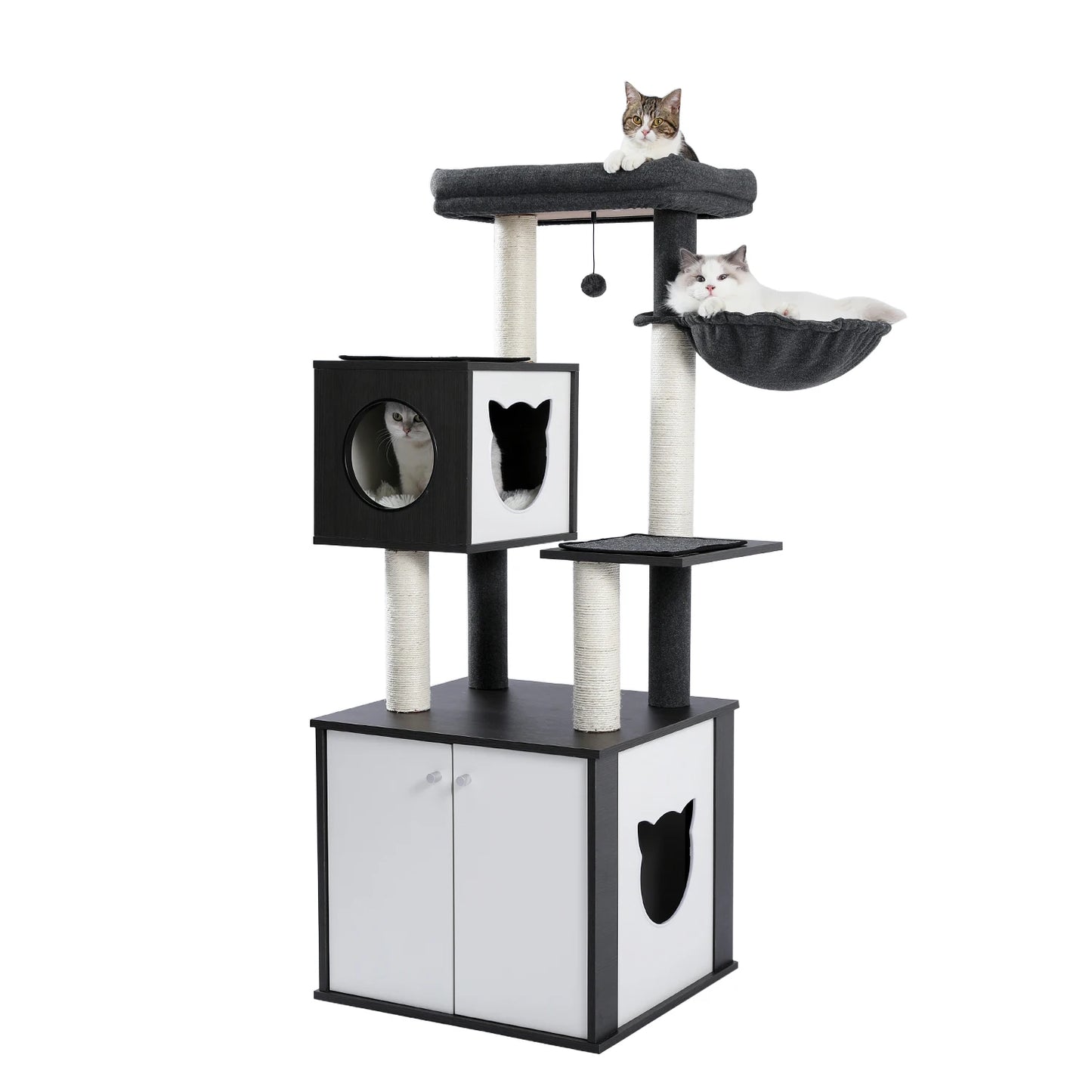 Deluxe Cat Tree Tower with Cabinet, Wooden Adjustable Height, Verti from Floor to Ceiling