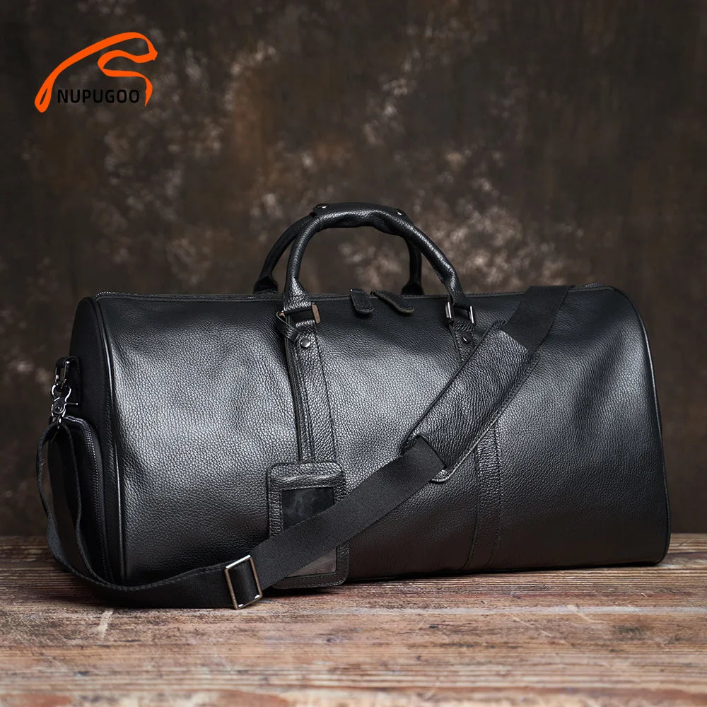 NUPUGOO-Bolso de viaje para hombre, bolsa de equipaje de mano informal de cuero genuino, de alta capacidad, bolsillo para zapatos y hombro, para portátil de 17 pulgadas