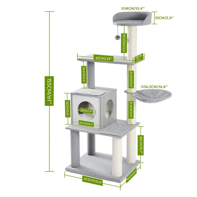 Deluxe Cat Tree Tower with Cabinet, Wooden Adjustable Height, Verti from Floor to Ceiling