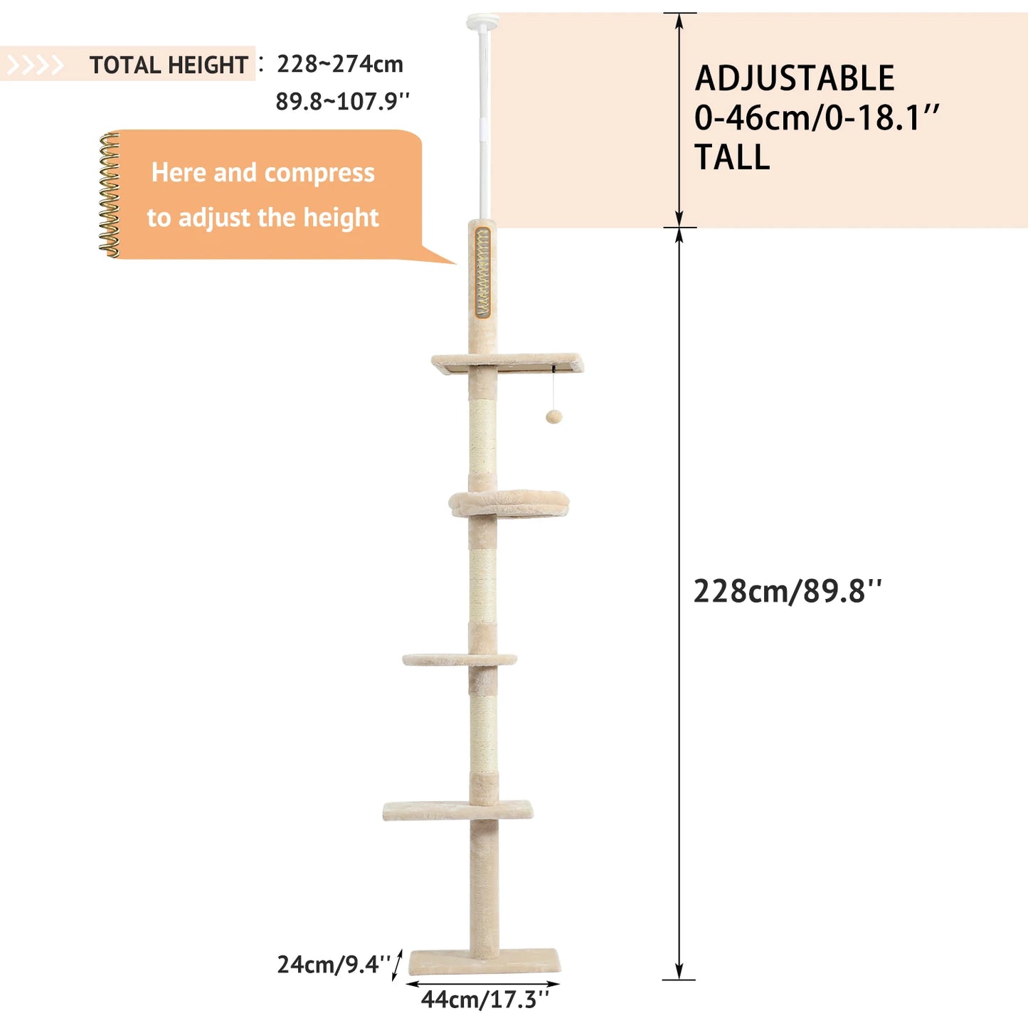 Deluxe Cat Tree Tower with Cabinet, Wooden Adjustable Height, Verti from Floor to Ceiling