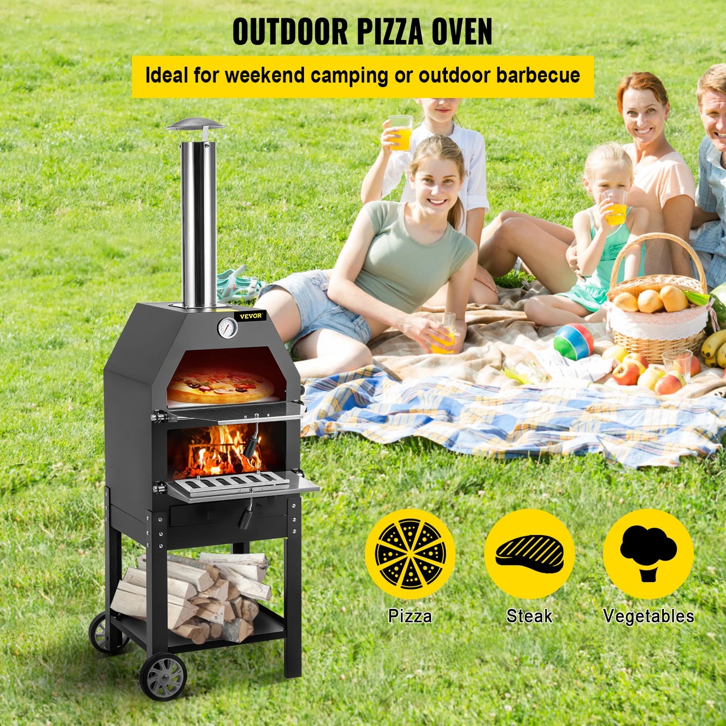 VEVOR-horno de Pizza frita de madera, horno portátil de 2 capas con ruedas y mango, ahorro de trabajo, para patio trasero, camping, parque, horneado al aire libre, 12"