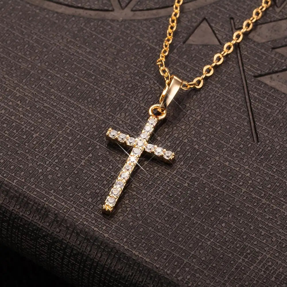 Jesus Cross Pendant for Men Women Gold Color Crystal Necklace