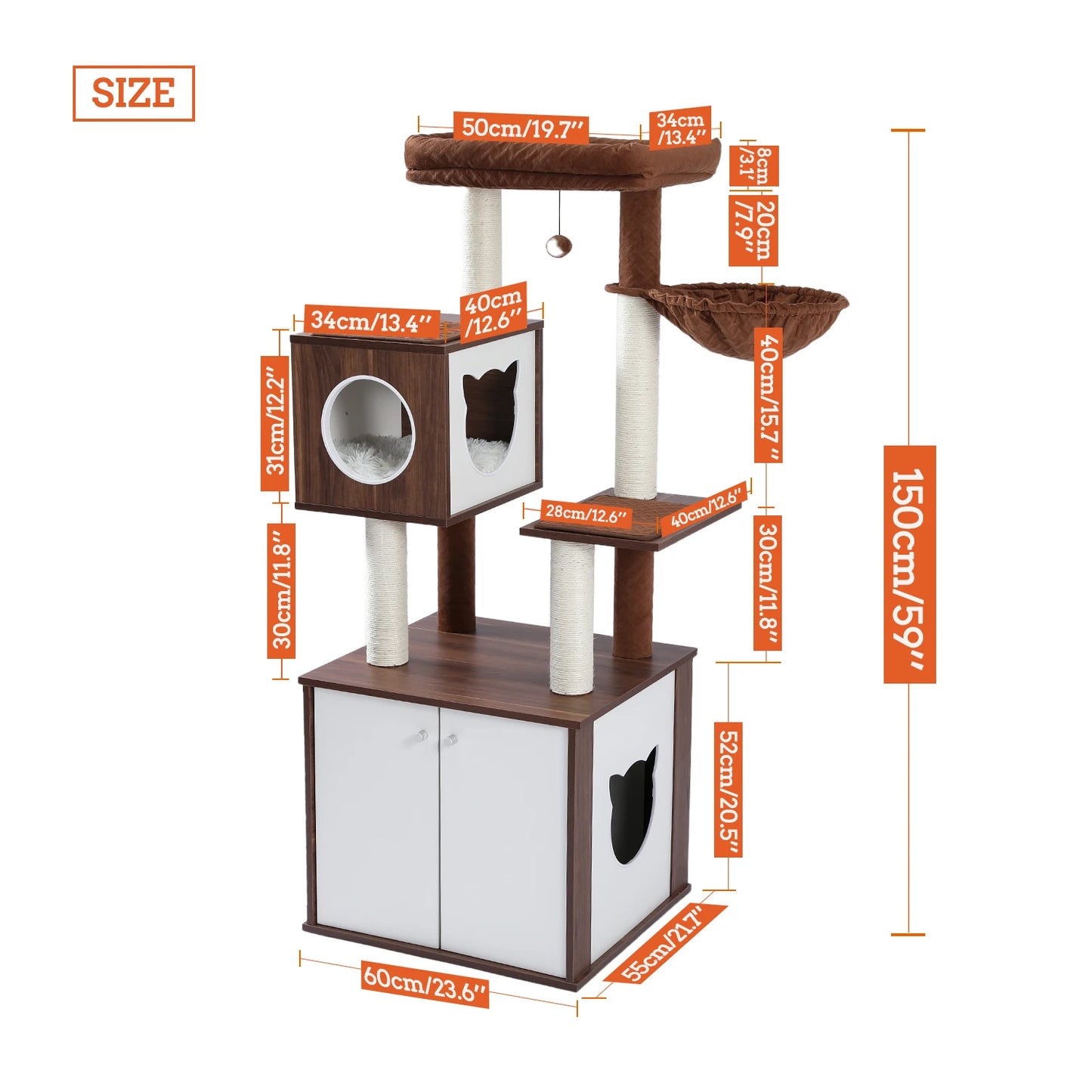 Deluxe Cat Tree Tower with Cabinet, Wooden Adjustable Height, Verti from Floor to Ceiling