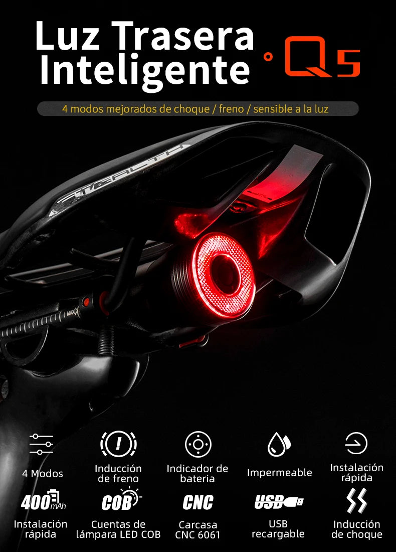 ROCKBROS bicicleta inteligente Auto freno detección luz IPx6 impermeable LED carga ciclismo luz trasera bicicleta luz trasera accesorios Q5