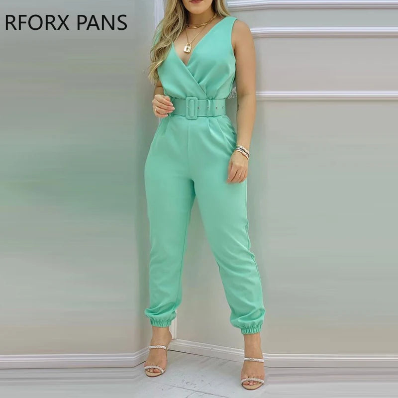 Women's Pocket Design Sleeveless Solid Jumpsuit Backless Jumpsuit 