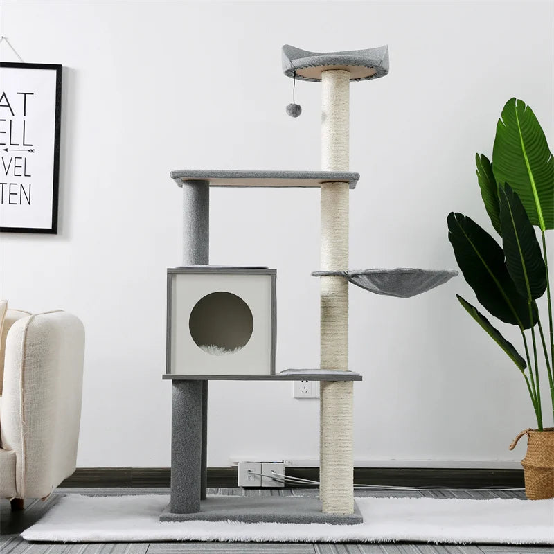 Deluxe Cat Tree Tower with Cabinet, Wooden Adjustable Height, Verti from Floor to Ceiling