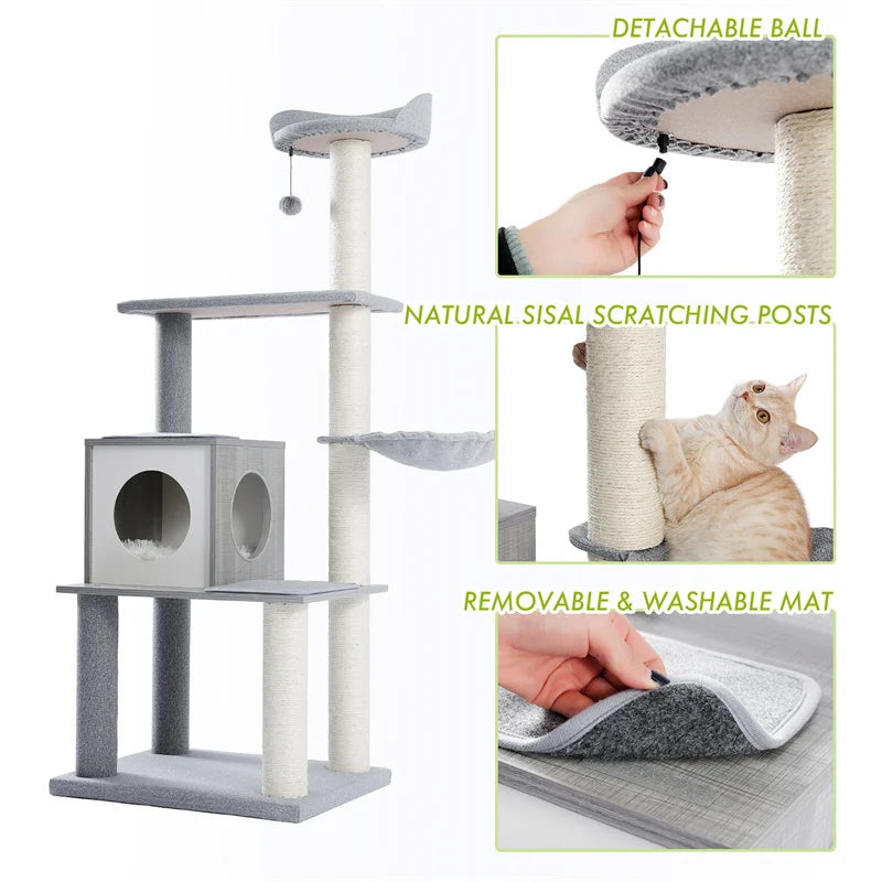 Deluxe Cat Tree Tower with Cabinet, Wooden Adjustable Height, Verti from Floor to Ceiling