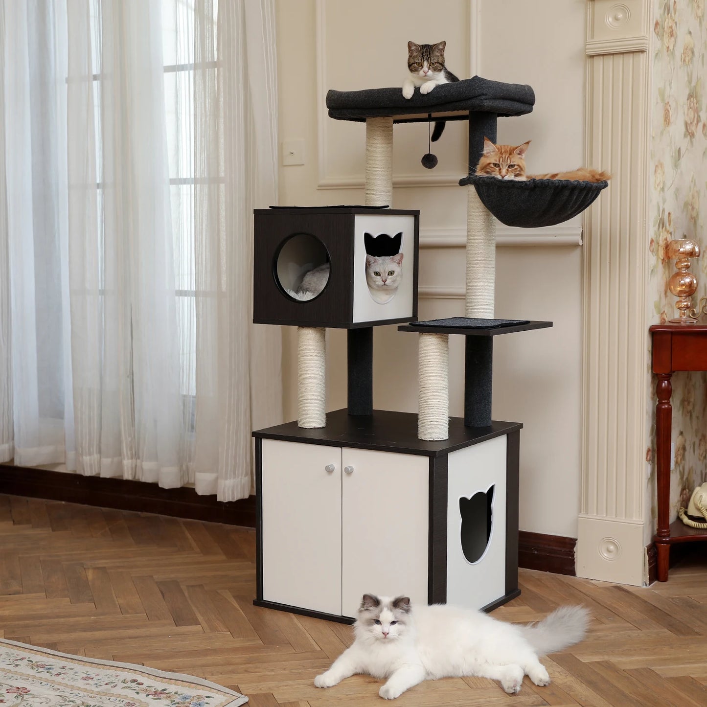 Deluxe Cat Tree Tower with Cabinet, Wooden Adjustable Height, Verti from Floor to Ceiling