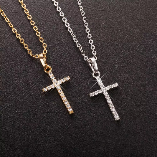 Jesus Cross Pendant for Men Women Gold Color Crystal Necklace