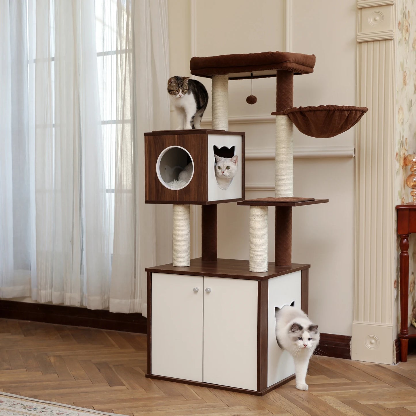 Deluxe Cat Tree Tower with Cabinet, Wooden Adjustable Height, Verti from Floor to Ceiling