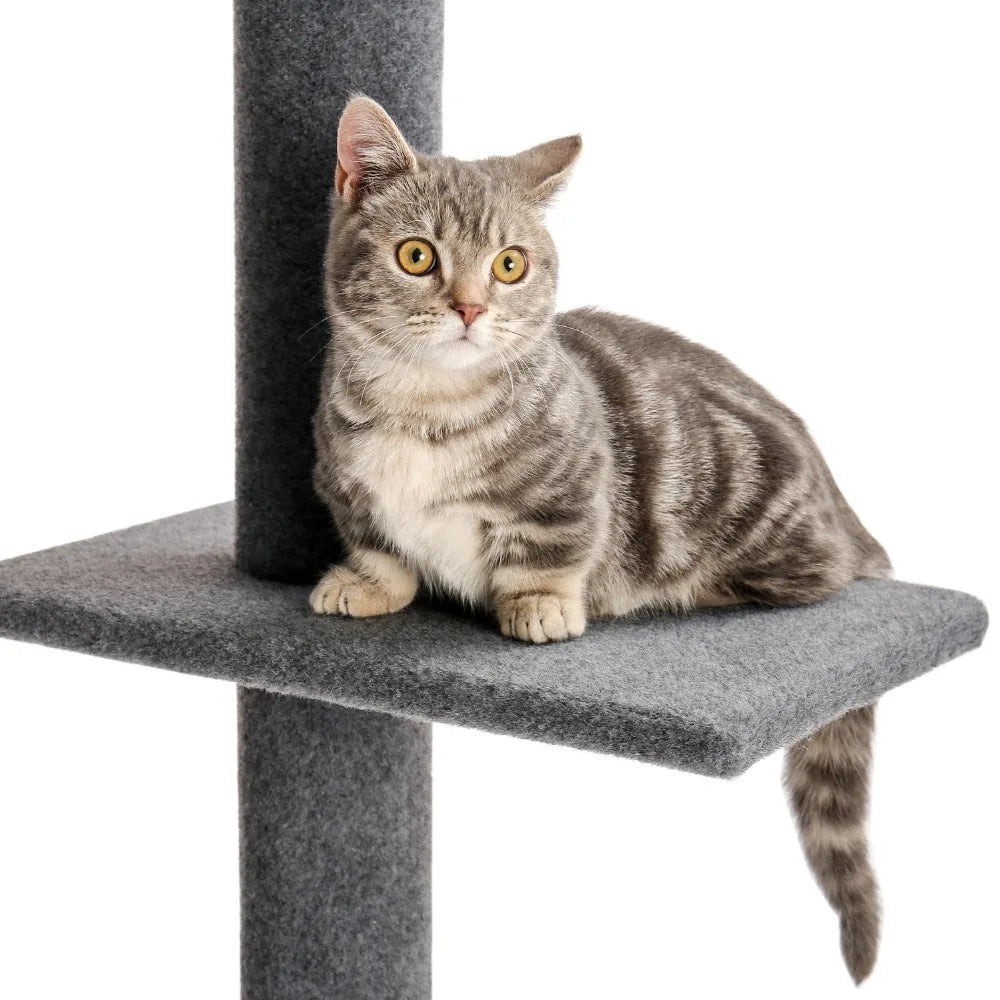 Deluxe Cat Tree Tower with Cabinet, Wooden Adjustable Height, Verti from Floor to Ceiling