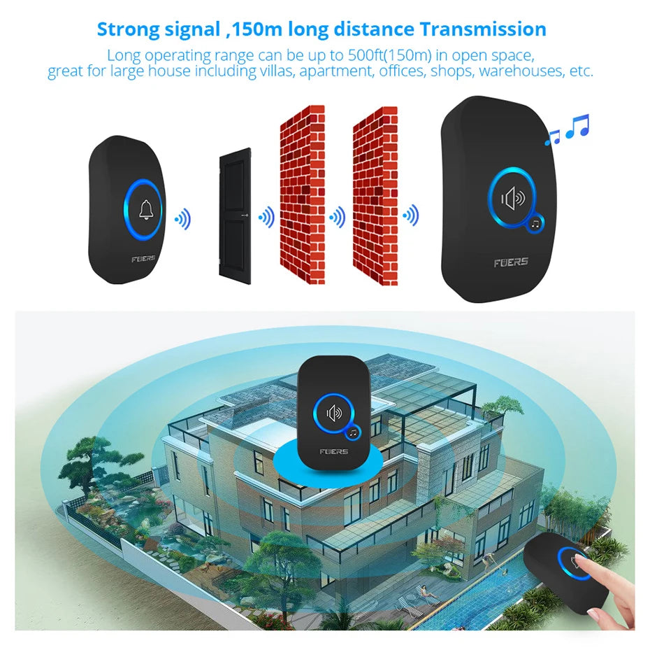 Fuers-timbre inalámbrico de bienvenida para el hogar, timbre de puerta inteligente de 150M de larga distancia, 32 canciones, colorido