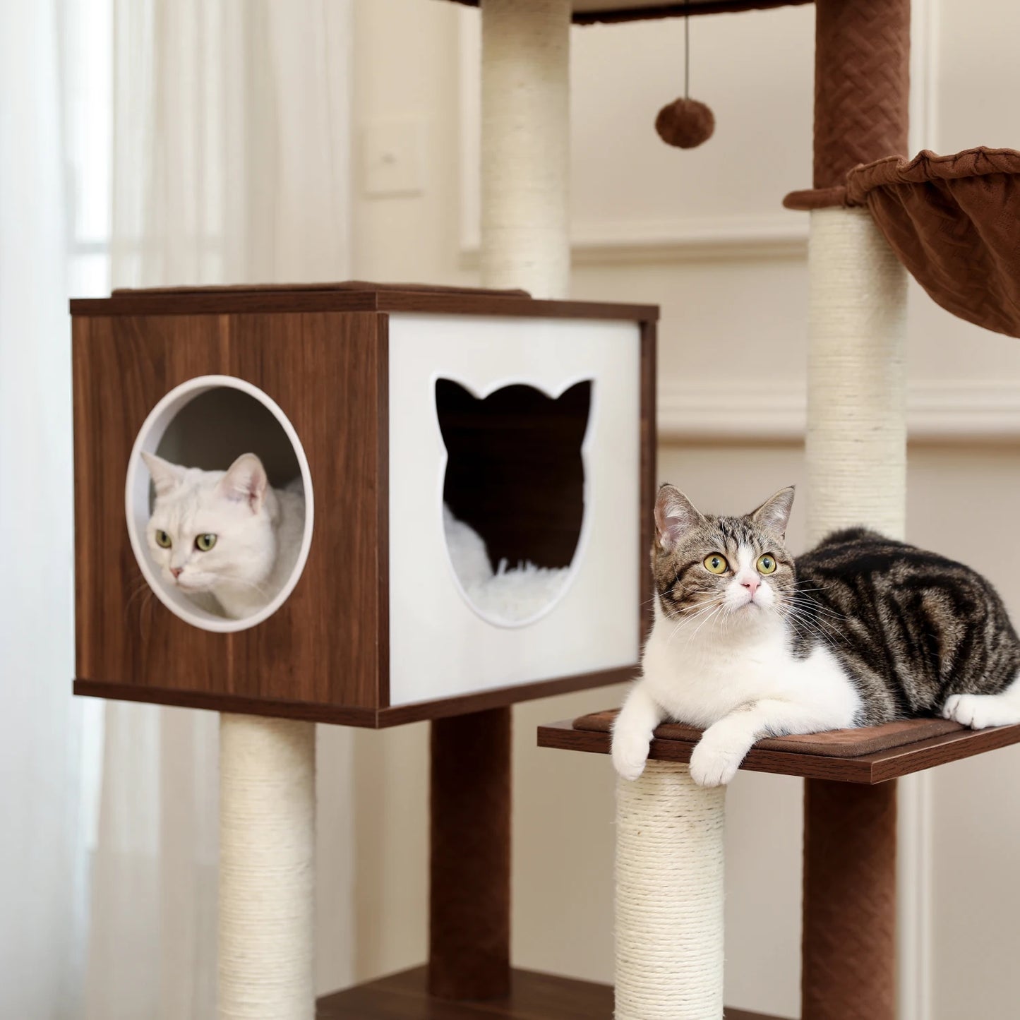 Deluxe Cat Tree Tower with Cabinet, Wooden Adjustable Height, Verti from Floor to Ceiling