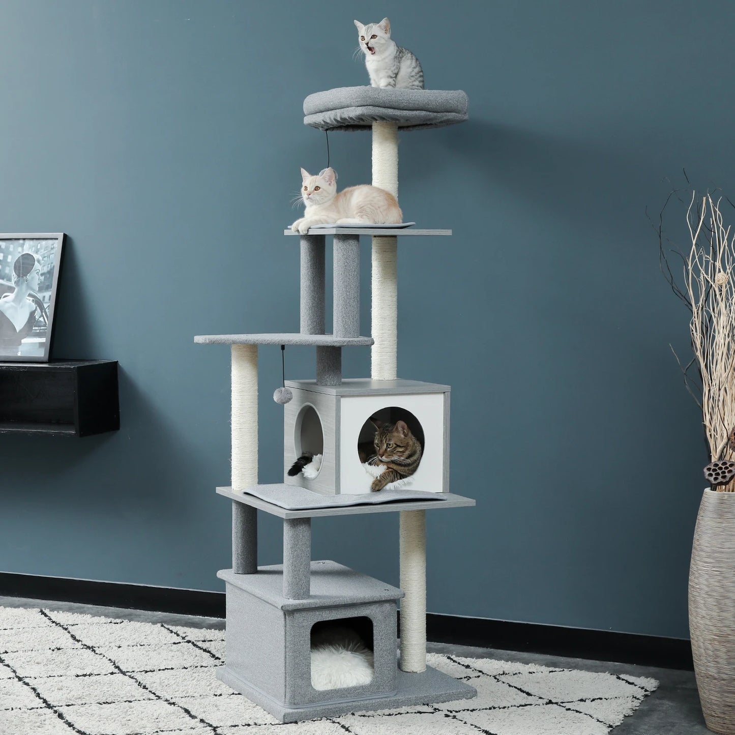 Deluxe Cat Tree Tower with Cabinet, Wooden Adjustable Height, Verti from Floor to Ceiling