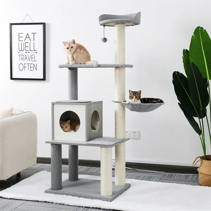 Deluxe Cat Tree Tower with Cabinet, Wooden Adjustable Height, Verti from Floor to Ceiling