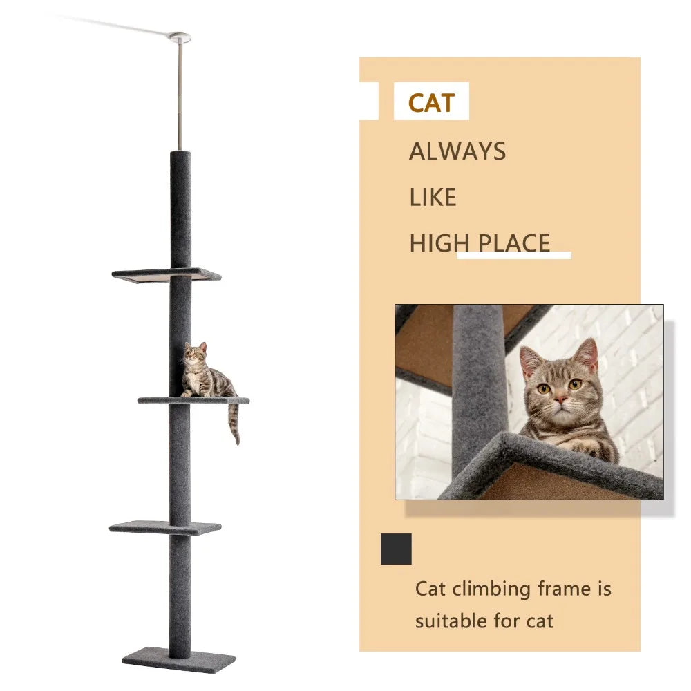 Deluxe Cat Tree Tower with Cabinet, Wooden Adjustable Height, Verti from Floor to Ceiling