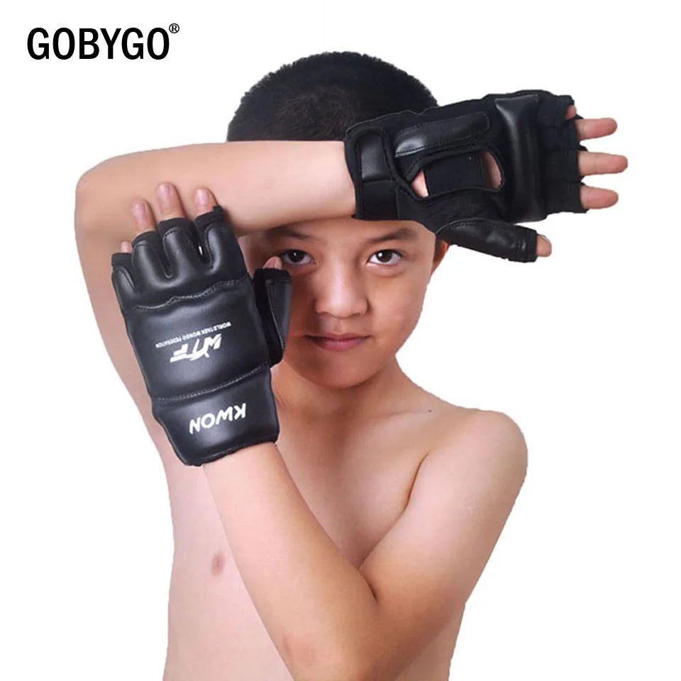 GOBYGO-guantes de boxeo de medio dedo para niños, Protector de manos de cuero PU para entrenamiento de boxeo, Fitness, Taekwondo