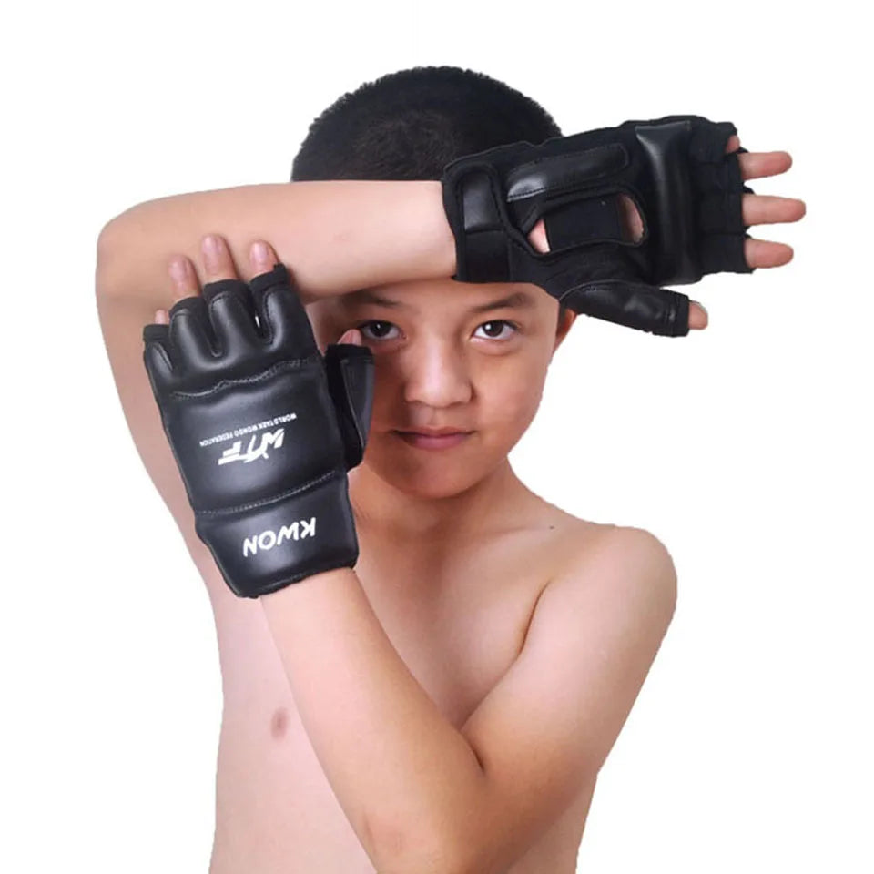 GOBYGO-guantes de boxeo de medio dedo para niños, Protector de manos de cuero PU para entrenamiento de boxeo, Fitness, Taekwondo