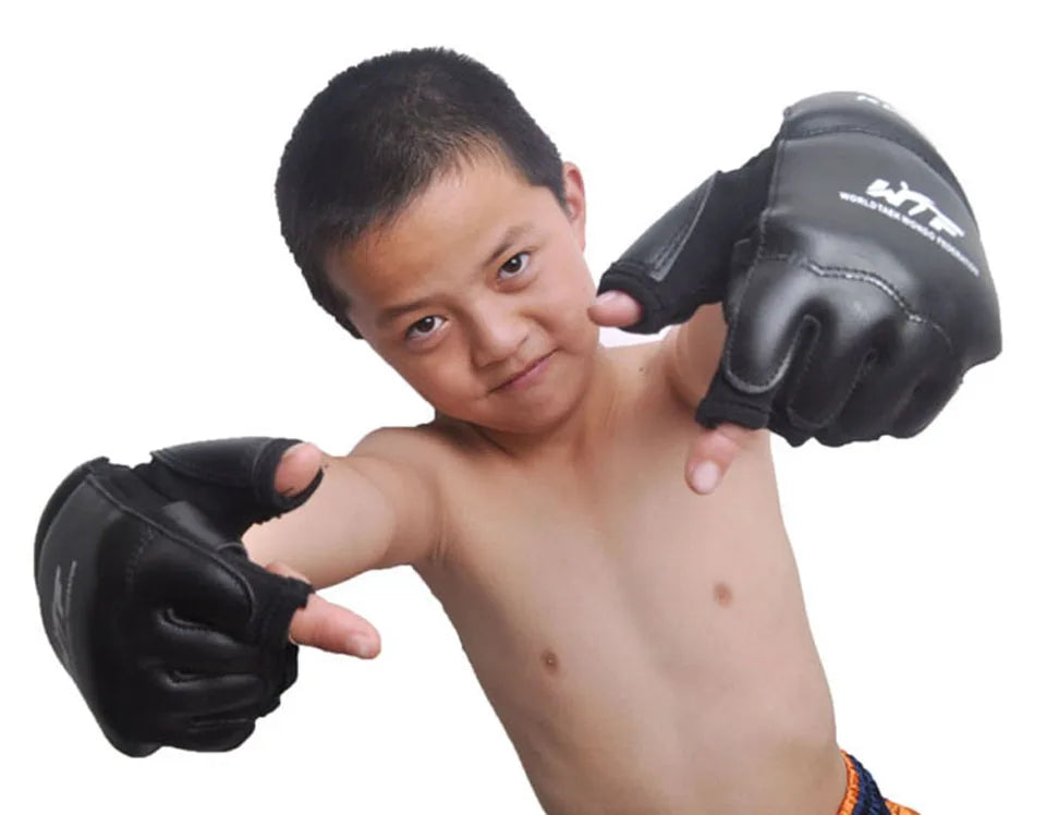 GOBYGO-guantes de boxeo de medio dedo para niños, Protector de manos de cuero PU para entrenamiento de boxeo, Fitness, Taekwondo