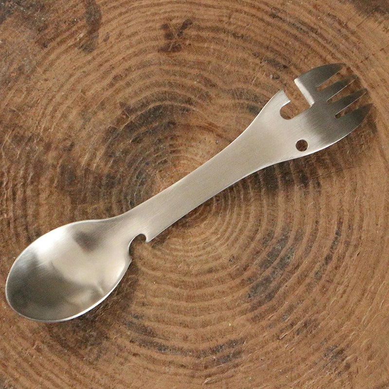 Herramientas de supervivencia al aire libre 5 en 1, Kit EDC multifuncional para acampar, práctico tenedor, cuchillo, cuchara, Abrebotellas/latas